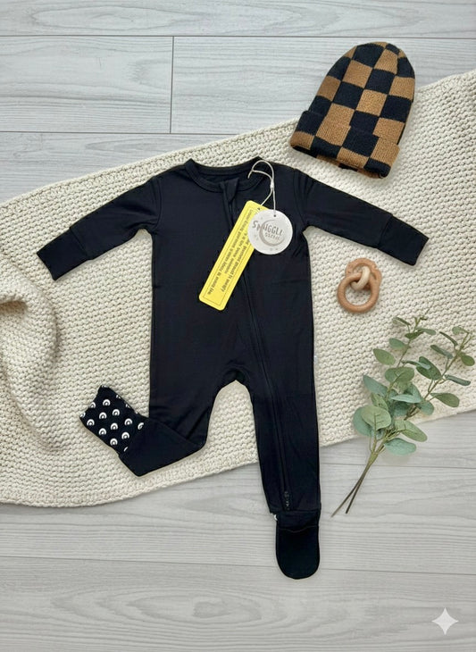 SNUGGLE BUMS Solid Black Bamboo Zipper Romper